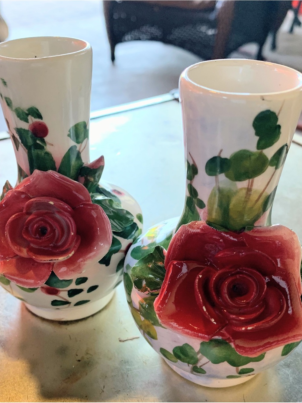 Hand-Painted Ceramic Bud Vases with Red Rose Detail - Decorative Pair